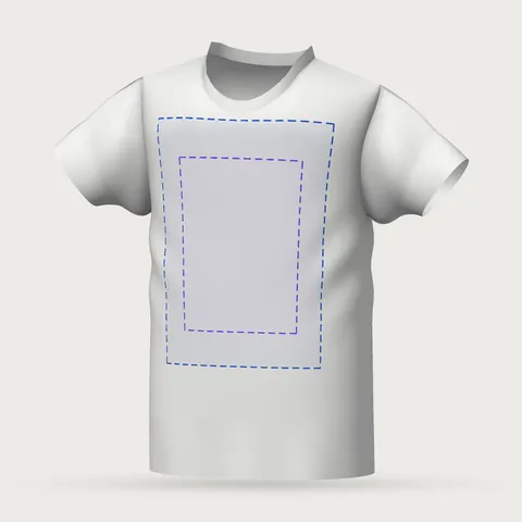 Camiseta básica branca, tamanho M, no modelo 3D do editor, com as áreas de impressão A3 e A4 marcadas no peito.